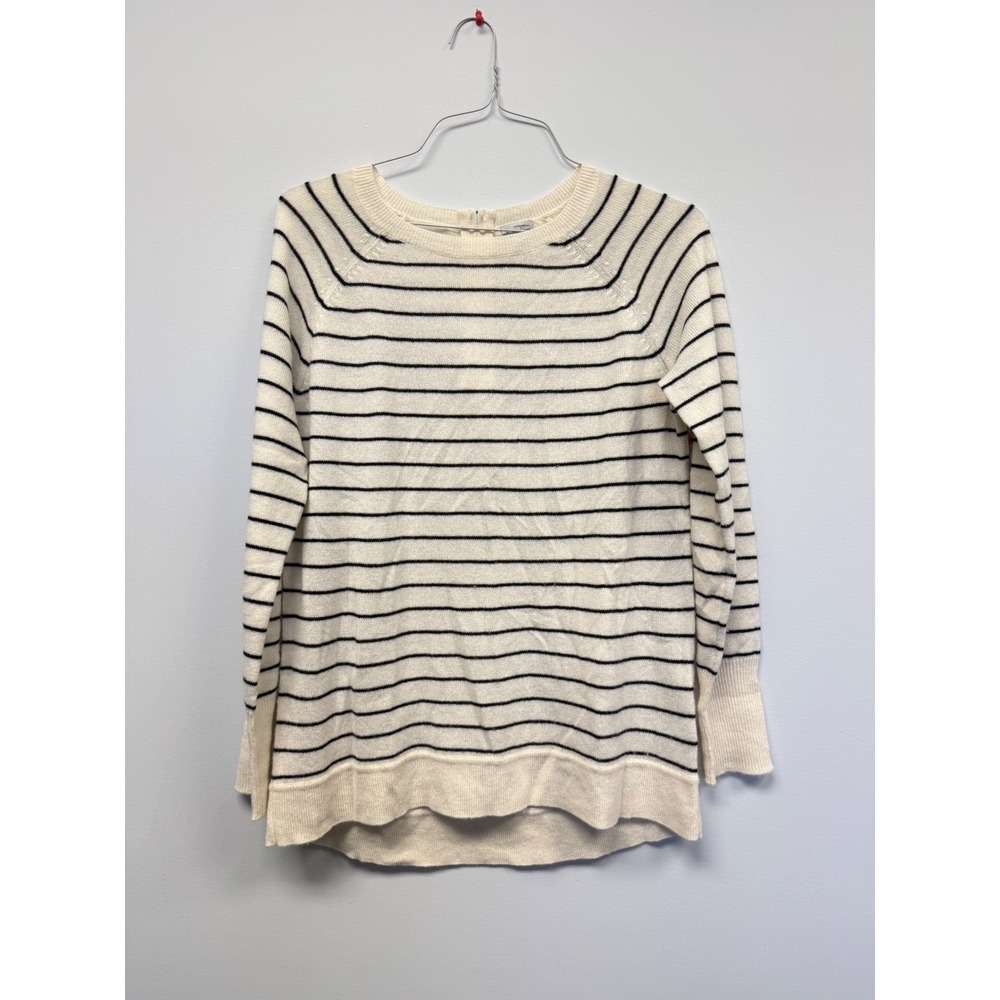 Halogen 100% Cashmere Striped Sweater Ivory Navy Back Zip Women's Medium